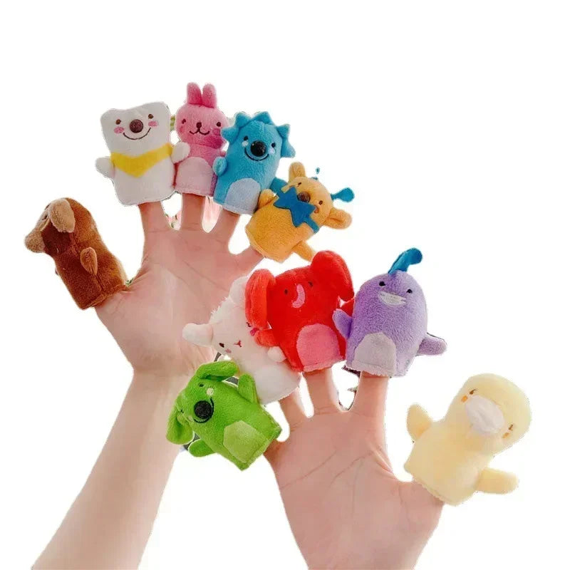 10 finger puppets on a person's hands in front of a while background.