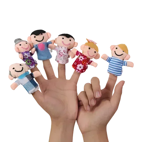 6 people finger puppets on a person's hands: grandparents, parents, and kids