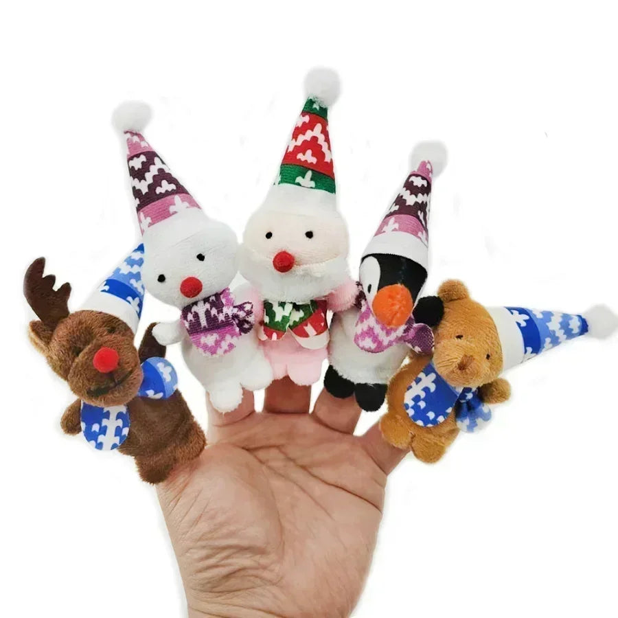 5 animal finger puppets in winter hats and scarves on a person's hand