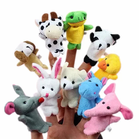 10 finger puppet animals on a person's fingers