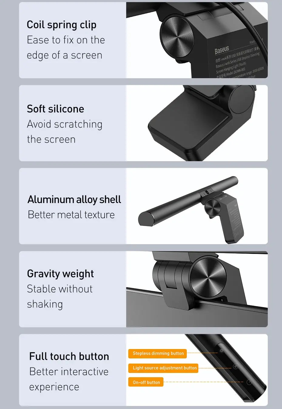 Graphic showing 5 features of the monitor lamp